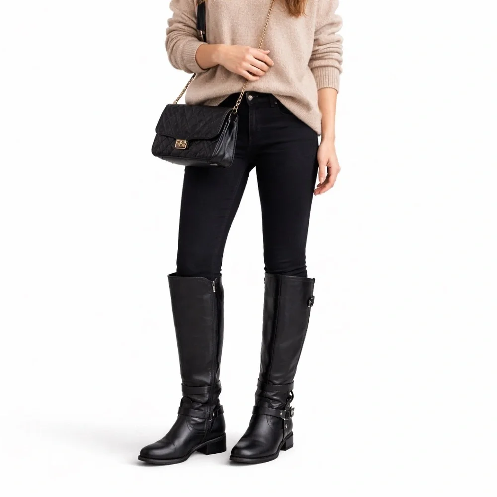 G by Guess Hyderi Black Knee High Riding Boots Buckle Harness Size 9